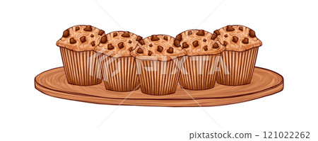 Chocolate chip muffins arranged on a wooden platter. Wooden base adds warmth to the dessert display. Freshly baked cupcakes with a rustic presentation. Perfect for recipe blogs or food branding 121022262