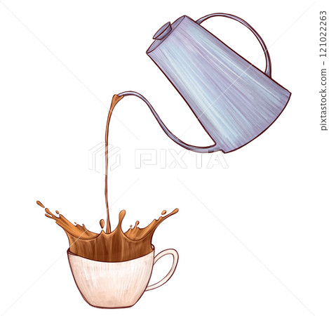 Coffee being poured from a blue kettle into a cup with a dramatic splash. Minimalist artwork highlighting fluid motion and vibrant coffee tones. For modern cafe visuals, menus, or advertising campaign 121022263