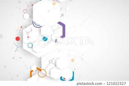 Scientific fbstract background. White hexagons with a plexus effect and circles connected by lines. Hand drawn vector. Scientific fbstract background. White hexagons with a plexus effect and circles connected by lines. Hand drawn vector. 121022327