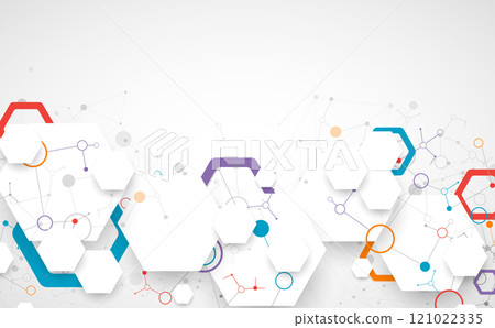 Scientific fbstract background. White hexagons with a plexus effect and circles connected by lines. Hand drawn vector. 121022335