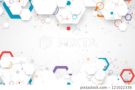Scientific fbstract background. White hexagons with a plexus effect and circles connected by lines. Hand drawn vector. Scientific fbstract background. White hexagons with a plexus effect and circles connected by lines. Hand drawn vector. 121022336