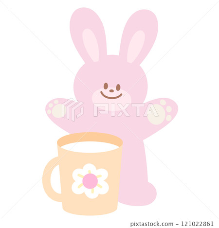 Illustration of pink bunny and milk mug for cartoon character, comic, mascot, animal, happy easter, zoo, souvenir shop, plush toy, rabbit doll, bedtime drink, pet shop, vet, menu, cafe, snack, sticker 121022861