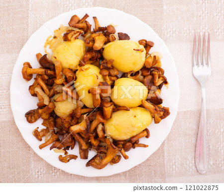 Delicious fried chanterelles with new potatoes on a white plate 121022875
