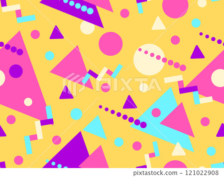 Geometric seamless pattern with memphis elements in 80s style. Colorful geometric pattern. Design of promotional products, wrapping paper and printing. Vector illustration 121022908