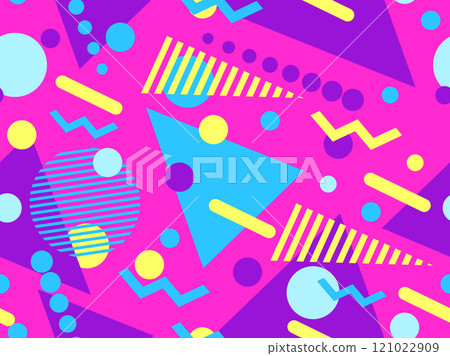 Geometric seamless pattern with memphis elements in 80s style. Colorful geometric pattern. Design of promotional products, wrapping paper and printing. Vector illustration 121022909