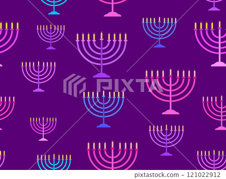 Hanukkah seamless pattern with menorah with nine candle. Jewish festival background for brochures, banners and wrapping paper. Vector illustration Hanukkah seamless pattern with menorah with nine candle. Jewish festival background for brochures, banners and wrapping paper. Vector illustration 121022912