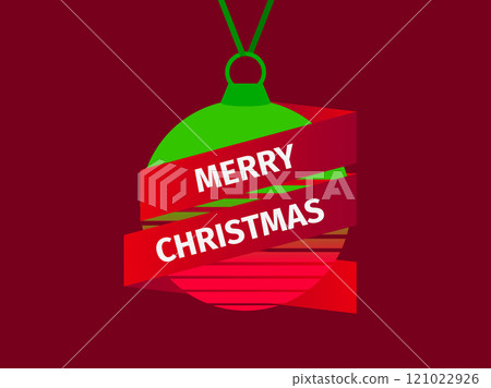 Merry Christmas. Greeting card with a hanging Christmas ball in retro style of the 80s. Synthwave and retrowave style. Christmas ball with ribbon and text for banners and posters. Vector illustration 121022926