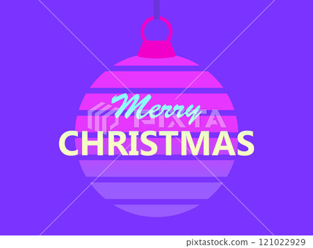 Merry Christmas. Greeting card with a hanging Christmas ball in retro style of the 80s. Synthwave and retrowave style. Festive design for invitation, banners and posters. Vector illustration 121022929