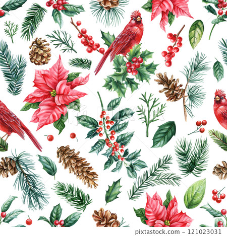 red cardinal birds, holly, pine branches, cones, Christmas seamless pattern, winter holiday design, festive background 121023031