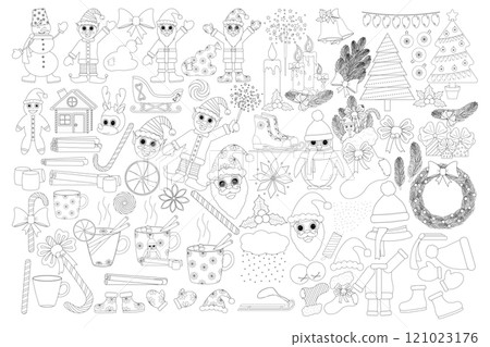 Christmas-themed childrens coloring page with festive elements 121023176