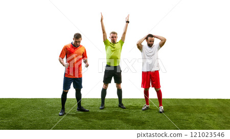 Moment of justice. Referee standing between two nervous soccer players from opposite teams and blowing a whistle Moment of justice. Referee standing between two nervous soccer players from opposite teams and blowing a whistle 121023546