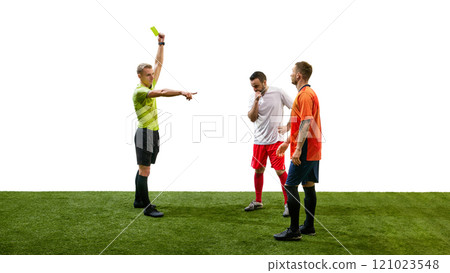 Moment of justice. Referee showing yellow card to one of the players broke the rules, isolated on white background 121023548