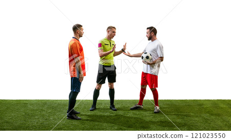 Referee standing next to men, soccer players from opposite team confronting, and resolving conflict 121023550