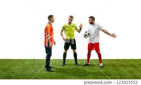 Referee standing between two arguing man, soccer players from opposite team in confrontation, isolated on white background 121023552