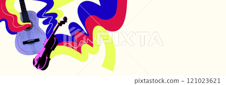 Electric guitar and violin merge against light background with abstract colorful elements. Creative art collage. 121023621