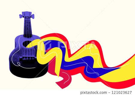 Ukulele playing on light background with abstract colorful elements. Catching the rhythm. Creative art collage. 121023627