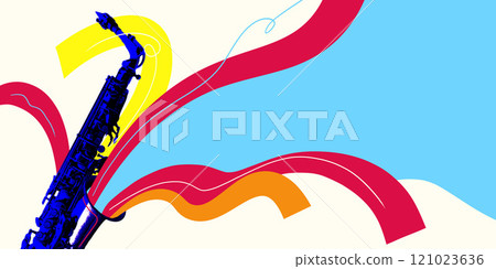 Saxophone with flowing energy against light background with abstract colorful elements. Smooth jazz and blues music. Creative art collage. 121023636