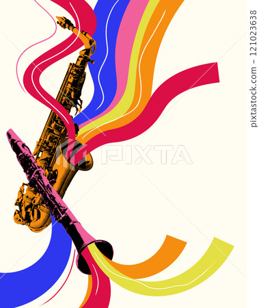 Saxophone and clarinet duo Saxophone and clarinet playing together against light background with multicolored elements. Harmony of sounds. Creative art collage. Saxophone and clarinet duo Saxophone and clarinet playing together against light background with multicolored elements. Harmony of sounds. Creative art collage. 121023638
