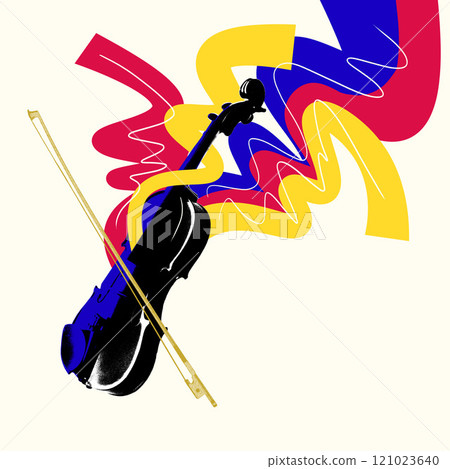Violin with dynamic energy Black violin with golden bow against light background with dynamic colorful elements. Emotional flow of classical music. Creative art collage. 121023640