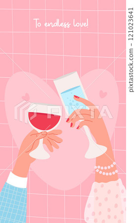 Love romantic poster. Male hand with glass and female hand with drink in glassful with heart on pink checkered background. Vector illustration Holiday vertical valentine banner 121023641