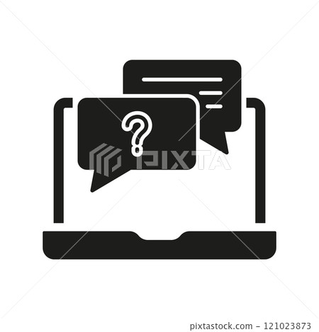 FAQ Chat on Laptop Silhouette Icon, Online Support and Customer Communication. Question and Answer in Speech Bubble Shape Glyph Symbol. Isolated Vector Illustration 121023873