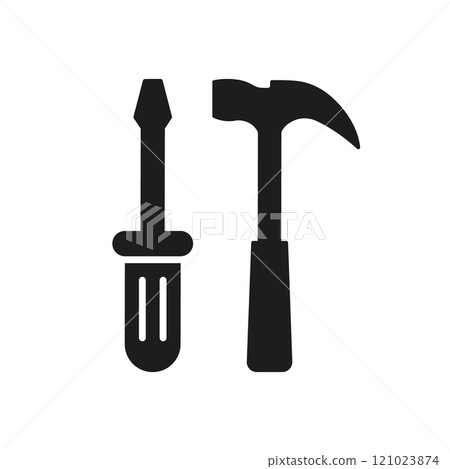 Screwdriver and Hammer Silhouette Icon for Repair Services. Construction and Maintenance Tool Glyph Symbol. Technical Support Sign. Isolated Vector Illustration 121023874