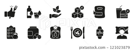 Healthy Living and Nutrition Silhouette Icon Set, Featuring Diet, Hydration, and Wellness Glyph Symbols. Exercise and Weight Management Pictogram. Isolated Vector Illustration Healthy Living and Nutrition Silhouette Icon Set, Featuring Diet, Hydration, and Wellness Glyph Symbols. Exercise and Weight Management Pictogram. Isolated Vector Illustration 121023879