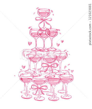 Champagne tower pink illustration, girly watercolor cocktail vector glass pyramid bachelorette party Champagne tower pink illustration, girly watercolor cocktail vector glass pyramid bachelorette party 121023881