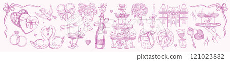Coquettish wedding doodle set, vector watercolor hand drawn romantic love illustration, champagne.  121023882