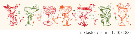 Christmas cocktail party set, vector New Year holiday alcohol drinks illustration doodle wineglass. Christmas cocktail party set, vector New Year holiday alcohol drinks illustration doodle wineglass. 121023883