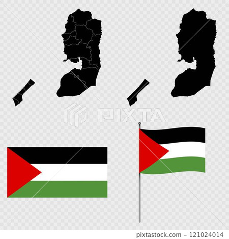 Set of maps, flag and flagpole of Palestine. Vector illustration. 121024014