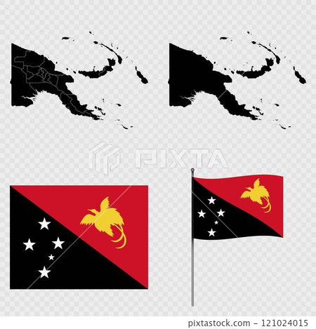 Set of maps, flag and flagpole of Papua New Guinea. Vector illustration. 121024015