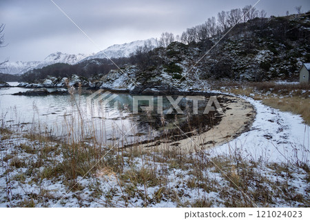 Bay of a Norwegian sea with sand beach, Norway 121024023