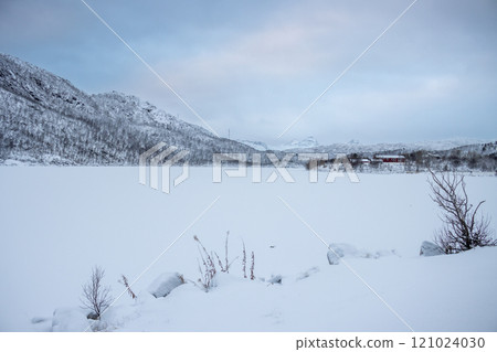 Winter nature with a mountain, Lodingen, Norway Winter nature with a mountain, Lodingen, Norway 121024030