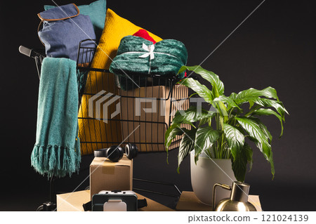 Shopping trolley with shopping, boxes, plant and copy space over black background 121024139