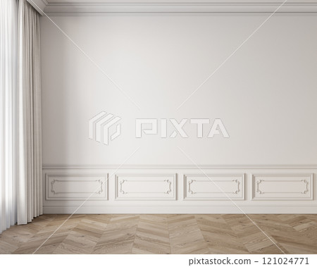 Classic white interior with moldings, curtains and parquet chevron floor. 3d render illustration mockup. 121024771