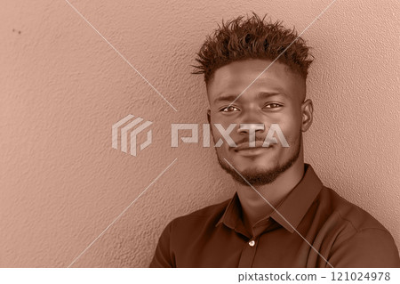 African man with mocha mousse brown spiky hair gazes into the camera. Modern trendy tone hue shade African man with mocha mousse brown spiky hair gazes into the camera. Modern trendy tone hue shade 121024978