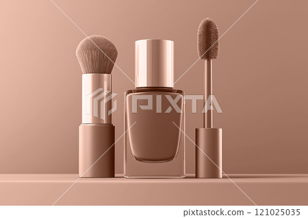 Mocha mousse brown nail polish and makeup brushes on beige background. Modern trendy tone hue shade 121025035