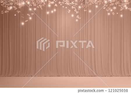 Mocha mousse beige drapes and soft floral decor on empty stage. Modern trendy tone hue shade 121025038