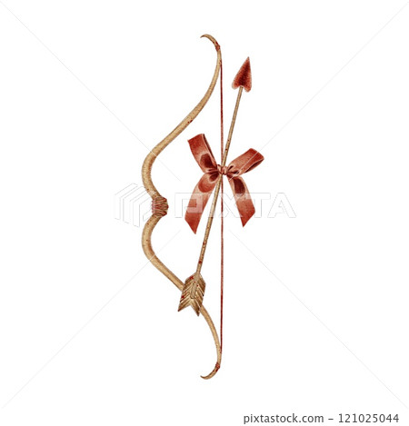 Bow and arrow for Cupid for Valentines Day with red bow composition in realistic style on white. Watercolor illustration for postcards, wedding invitations, holidays, stickers. 121025044