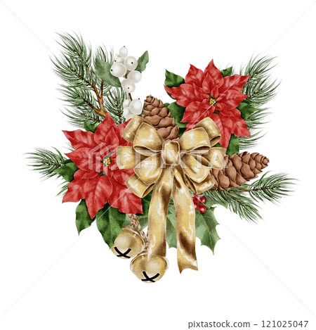 Christmas snowberry, poinsettia and spruce branch with cones and gold bow and bells Watercolor composition on white. Hand drawn illustration for New Year and winter holidays designs, realistic style. Christmas snowberry, poinsettia and spruce branch with cones and gold bow and bells Watercolor composition on white. Hand drawn illustration for New Year and winter holidays designs, realistic style. 121025047