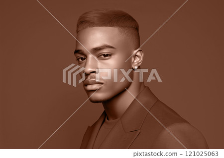 Portrait of an African man with short hair and stylish mocha mousse brown attire. Modern trendy tone hue shade 121025063