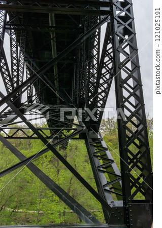 Steel Bridge Structure Viewed from Below with Lush Green Trees in the Background 121025191