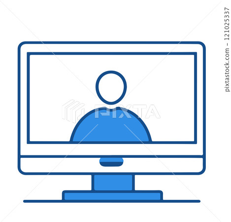 Simple blue illustration of a person on a computer screen representing virtual communication 121025337