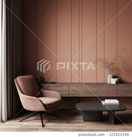 Brown chairs and paneled walls - minimal lounge room design. Chocolate colors trendy mocha mousse 2025. 121025348