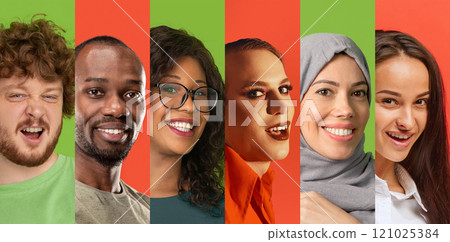 Collage with narrow stripes made with portrait of different young people, men and women of various nationality and race, smiling on colorful background. Collage with narrow stripes made with portrait of different young people, men and women of various nationality and race, smiling on colorful background. 121025384
