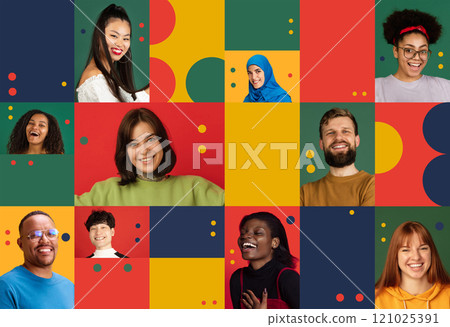 Creative collage made of different young people, men and women of various nationality, posing with smile on colorful background Creative collage made of different young people, men and women of various nationality, posing with smile on colorful background 121025391