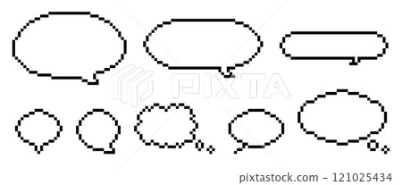 像素藝術語音氣泡集。由方形點組成的像素藝術。遊戲談話畫面語音泡沫。 121025434