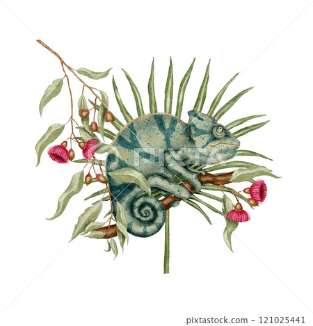 Chameleon, eucalyptus with tropical leaves palm watercolor illustration on white. Template for textile, fabric, wallpaper, card, packaging, party. 121025441