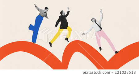 Contemporary art collage. People each with brightly colored pants, leap over red wavy line, symbolizing energy, teamwork, and overcoming obstacles with enthusiasm. 121025518